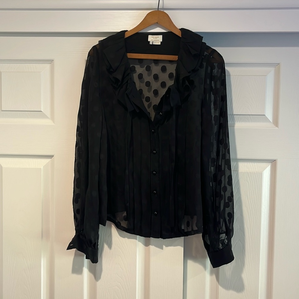 Kate Spade Polka Dot Sheer Silk Blouse Black Size 6 Ruffle Collar Long Sleeve